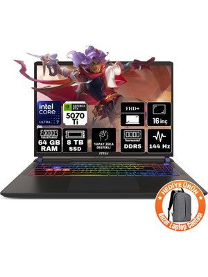 Msı Vector 16 Hx Aı Intel Core Ultra 7 255HX 64GB 8tb SSD RTX5070TI 12GB Freedos Fhd+ 16" 144Hz Taşınabilir Bilgisayar A2XWHG-091XTR-A20