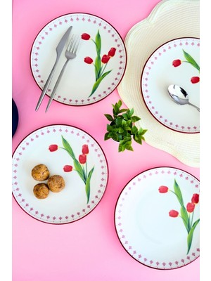 Tabak Evi Porselen Lale Tuval Pasta Takımı Rimli 20 cm 4 Kişilik 4 Parça TVL4PTPRS1160
