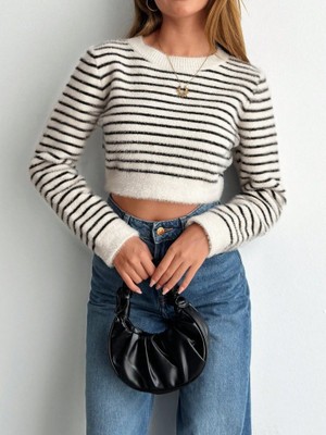 Meleners Kadın Uzun Kollu Balıkçı Yaka Crop Triko Bluz