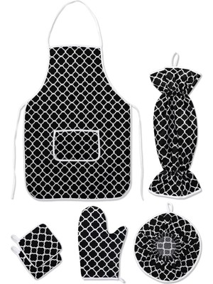 6 Parça Mutfak Seti & Mutfak Önlüğü, Fırın Eldiveni, 2li Tutacak, Organizer Poşetlik, Demlematik Siyah
