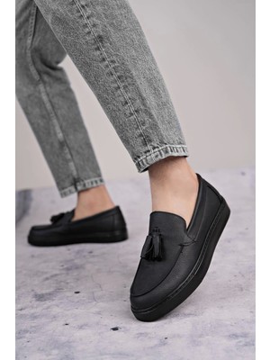 SLW153 Bloom Bağcıksız Püsküllü Cilt Erkek Günlük Spor Klasik Ayakkabı St - Siyah