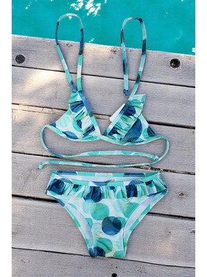Kız Çocuk Fırfır Detaylı Üçgen Bağlamalı Yeşil Geometrik Desenli Bikini Takımı