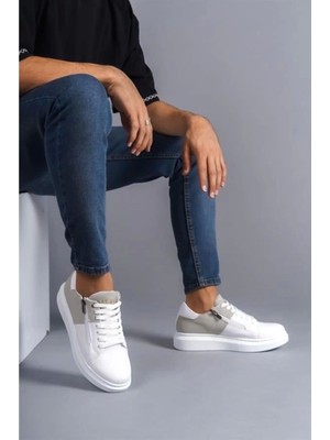 SLW155 Warrior Bağcıklı ve Fermuarlı Cilt Süet Erkek Günlük Sneaker Ayakkabı Bt Beyaz/gri