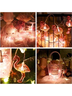 10&amp;apos;lu Pilli LED Flamingo Dekoratif Işık Zinciri Aydınlatma 15 mt (4767) - ARS3849-7225