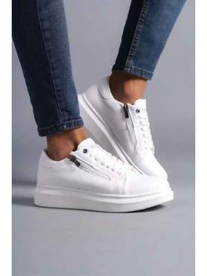 SLW155 Warrior Bağcıklı ve Fermuarlı Cilt Erkek Günlük Sneaker Ayakkabı Bt Beyaz