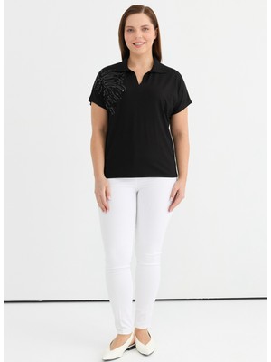 Selen Gömlek Yaka Payetli Siyah Kadın Bluz 25YSL8076-BB