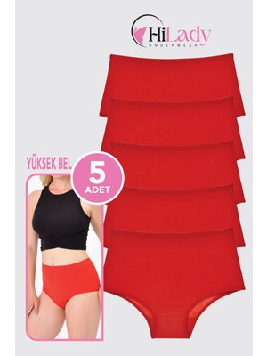 Kadın Külot 5'li Paket Kırmızı Yüksek Bel Külot Esnek Pamuklu Kumaş