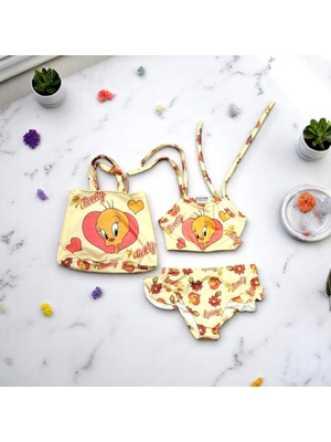 Milays Kız Çocuk  Karakter Baskılı Eteği Fırfırlı- Ip Bağlamalı Çanta Mayo Bikini 3 Lü Takım