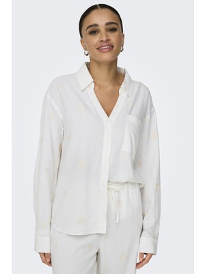 Only Kadın Onlcaro Desenli Keten Beyaz Gömlek -15338802