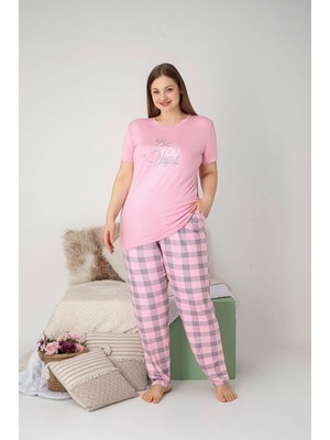 Guava Kadın Bisiklet Yaka Düğmesiz Battal Kesim Viskon Yazlık Kısa Kol Cepli Büyük Beden Pijama Takımı