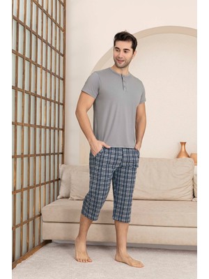 Guava Erkek Bisiklet Yaka 3 Düğmeli Ekose Desen Modal Kısa Kol Cepli Kapri Pijama Takımı