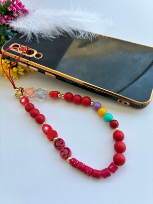 Nevgiss Aksesuar Kırmızı Nazar Boncuklu Emojili Renkli Boncuklu ve Linolu Telefon ve Çanta ı