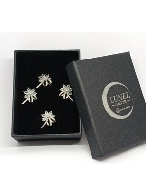 Çiçek Motifli Taşlı Gümüş Takı Seti - Kolye Ucu, Küpe ve Yüzük - Zarif ve Şık Tasarım