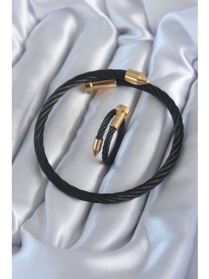 316L Çelik Siyah Renk Gold Detay Sarmal Model Erkek Bileklik Yüzük Kombini