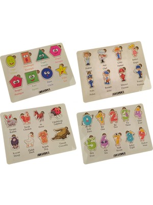 Ahşap Türkçe - Ingilizce 4lü Mega Set Bultak Puzzle Sayılar Şekiller Meslekler Hayvanlar
