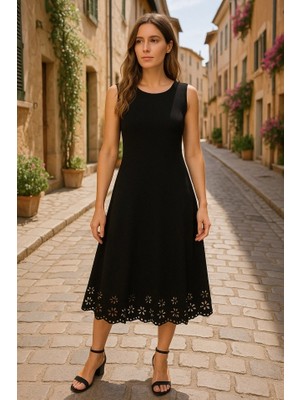 Defy Moda Kadın Kolsuz Etek Ucu Lazer Kesim Çiçek Desenli Midi Boy Ithal Krep Elbise