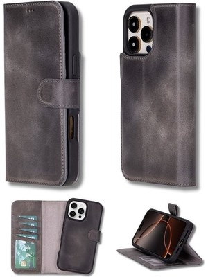 16 Pro Uyumlu, Hakiki Deri, El Yapımı, Cüzdanlı Kılıf, Gölgeli Gri