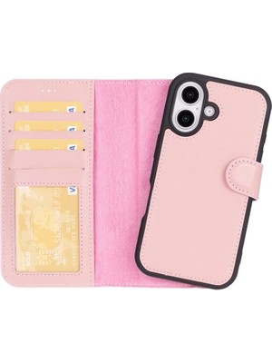   16 Plus Uyumlu, Hakiki Deri, El Yapımı, Cüzdanlı Kılıf, Toz Pembe
