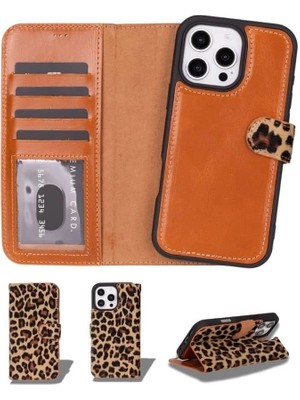   16 Pro Uyumlu, Hakiki Deri, El Yapımı, Cüzdanlı Kılıf, Leopar