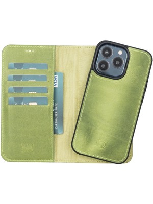 13 Pro Uyumlu Deri Cüzdanlı Kılıf Antik Yeşil
