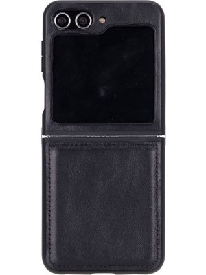 Galaxy Z Flip5 Uyumlu Deri Arka Kapak Parlak Siyah