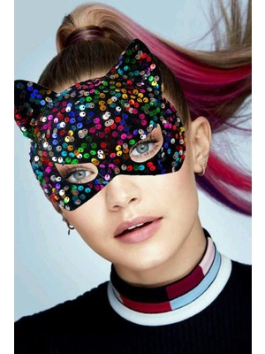 Nessiworld   Siyah Kadife Kumaş Üzerine Rengarenk Payetli Pullu Parti Maskesi 16x14 cm