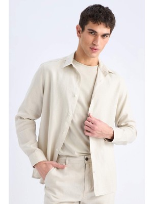 DeFacto %100 Keten Regular Fit Polo Yaka Yazlık Uzun Kollu Gömlek D9925AX25SP