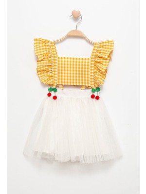 Miniğimin Cicileri Kiraz Detaylı Pötikare Tül Kız Çocuk elbise - Sarı