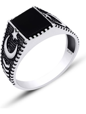 Silvera Telkari Gümüş Ay Yıldız Oniks Taşlı Erkek Yüzük 925 Ayar ST328