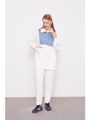 Ekru Denim Yaka Detaylı Ikili Takım