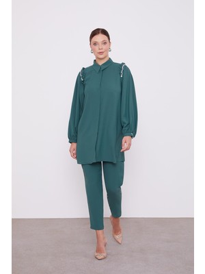 Lêvi D'or Koyu Yeşil Omuz Fırfır Taş İşleme Detaylı İkiili Takım