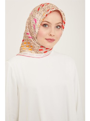 Armine Bej - Pembe Geometrik Desen Tivil İpek Eşarp 9144 - 32