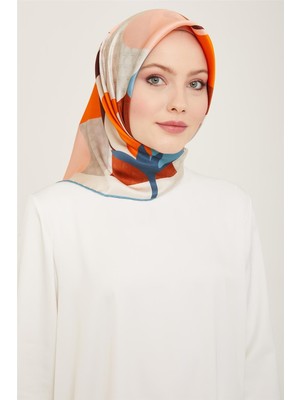 Armine Turuncu - Taba Lale Desen Tivil İpek Eşarp 9119 - 02