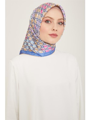 Armine Mavi - Lila Geometrik Desen Tivil İpek Eşarp 9144 - 56