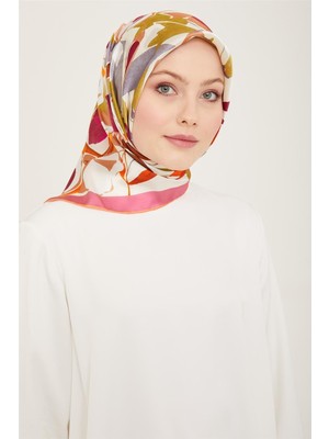 Armine Pembe - Turuncu Çiçek Desen Tivil İpek Eşarp 9153 - 52