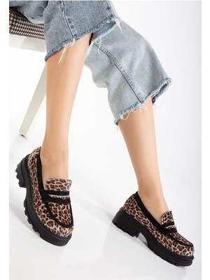 746-759 Leopar Günlük Yüksek Tabanlı Loafer Ayakkabı