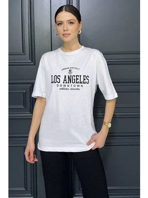 Gülseli Kadın Bisiklet Yaka Los Angeles Baskılı Salaş Tişört P-00016164