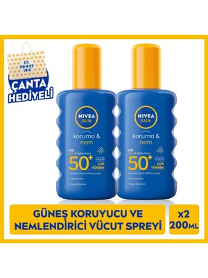Nivea Sun Güneş Koruyucu ve Nemlendirici Vücut Spreyi 200 ml, SPF50 Uva Uvb Koruması, x 2 Adet, Çanta Hediye