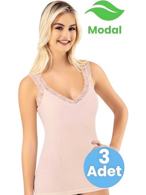 Tezzgelsin Kadın 3'lü Modal Kaşkorse Kalın Dantel Askı Detaylı Pedli Atlet