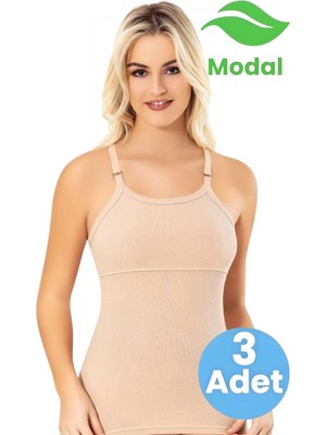 Tezzgelsin Kadın 3'lü Modal Kaşkorse Ayarlanabilir Askılı Pedli Atlet T-Shirt