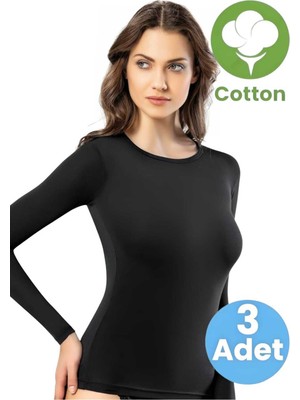 Tezzgelsin Kadın 3'lü Uzun Kollu Yuvarlak Yaka Pamuklu Atlet T-Shirt