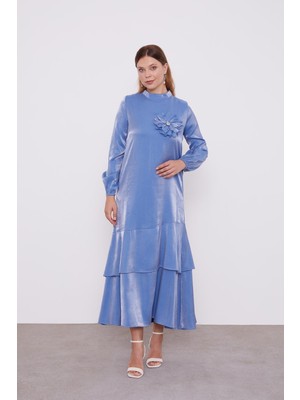 Indigo Gül Yaka Detaylı Fırfırlı Elbise