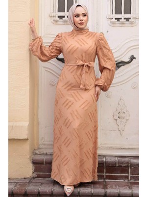 Desenli Camel Tesettür Elbise 5298C