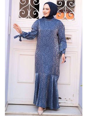 Desenli Indigo Mavisi Tesettür Saten Elbise 4457IM