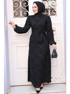 Desenli Siyah Tesettür Elbise 5298S