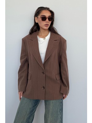 Kahverengi Keten Blazer Kadın Ceket MG2443