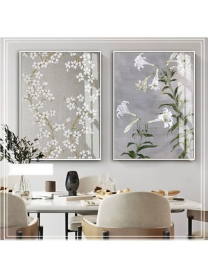 Harikabirev Gri-Beyaz Çiçek Kombini Yeni|Çerçeveli Cam Tablo  2'li Dikey