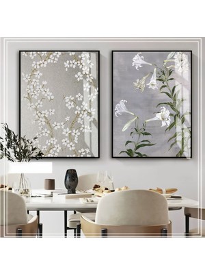 Harikabirev Gri-Beyaz Çiçek Kombini Yeni|Çerçeveli Cam Tablo  2'li Dikey