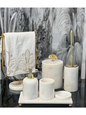 Asya- Gold Top Detaylı Beyaz Mermer Banyo Seti- 7 Parça