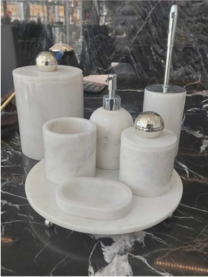 Beyaz Mermer Set- Gümüş Aksesuarlı-7 Parça